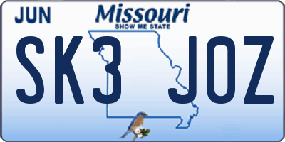 MO license plate SK3J0Z