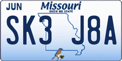 MO license plate SK3J8A