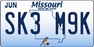 MO license plate SK3M9K