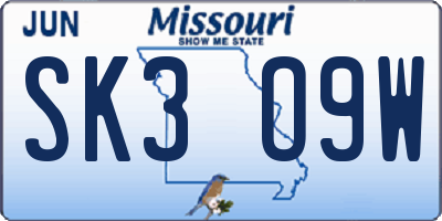 MO license plate SK3O9W