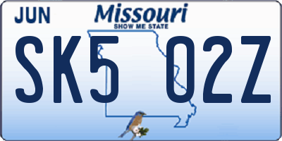 MO license plate SK5O2Z
