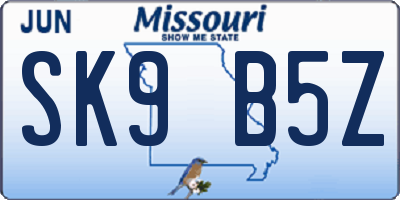 MO license plate SK9B5Z