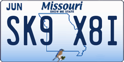 MO license plate SK9X8I