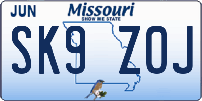 MO license plate SK9Z0J