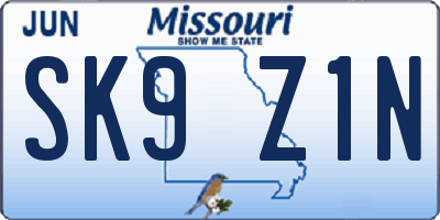 MO license plate SK9Z1N