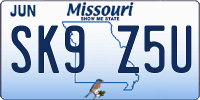 MO license plate SK9Z5U