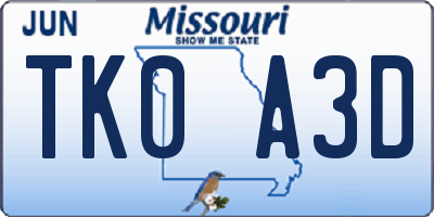 MO license plate TK0A3D