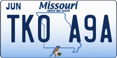 MO license plate TK0A9A