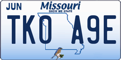 MO license plate TK0A9E