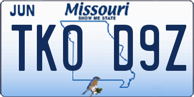 MO license plate TK0D9Z