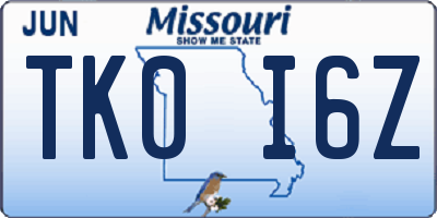 MO license plate TK0I6Z
