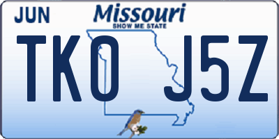 MO license plate TK0J5Z