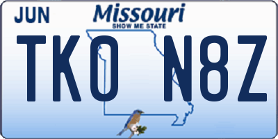 MO license plate TK0N8Z