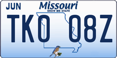 MO license plate TK0O8Z