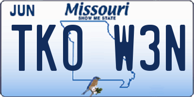 MO license plate TK0W3N