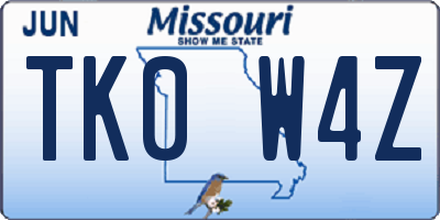 MO license plate TK0W4Z