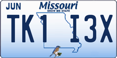 MO license plate TK1I3X