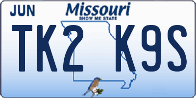 MO license plate TK2K9S
