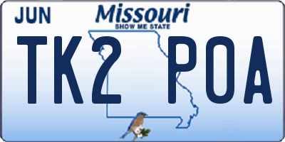 MO license plate TK2P0A