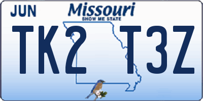 MO license plate TK2T3Z
