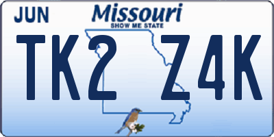MO license plate TK2Z4K