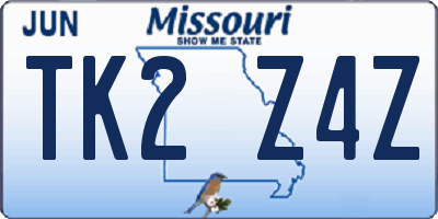 MO license plate TK2Z4Z
