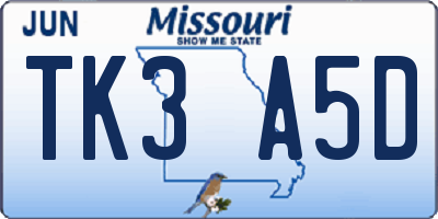 MO license plate TK3A5D