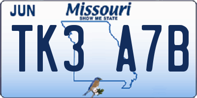 MO license plate TK3A7B
