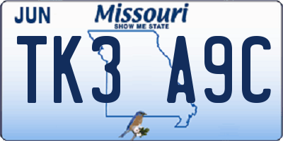 MO license plate TK3A9C