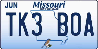 MO license plate TK3B0A