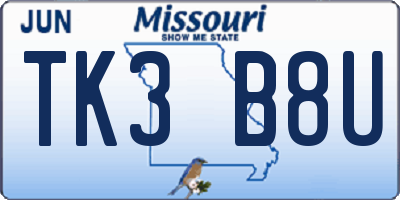 MO license plate TK3B8U