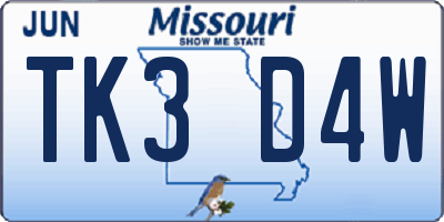 MO license plate TK3D4W