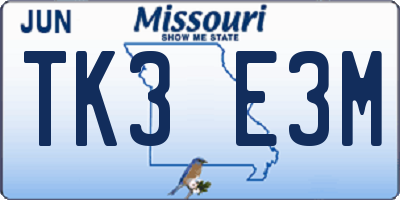 MO license plate TK3E3M