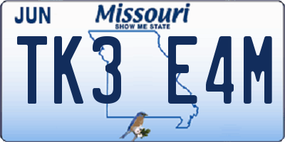 MO license plate TK3E4M