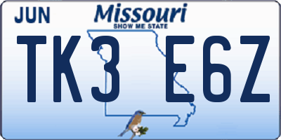 MO license plate TK3E6Z