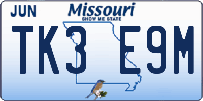 MO license plate TK3E9M