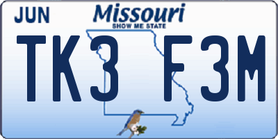 MO license plate TK3F3M