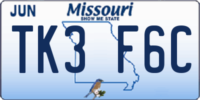 MO license plate TK3F6C