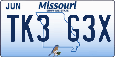 MO license plate TK3G3X