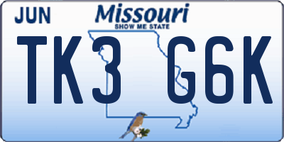 MO license plate TK3G6K