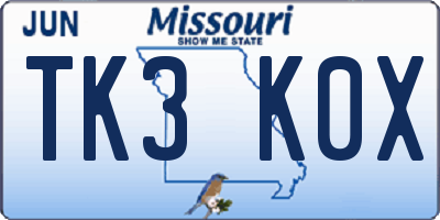 MO license plate TK3K0X