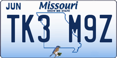 MO license plate TK3M9Z