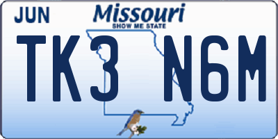 MO license plate TK3N6M
