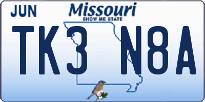 MO license plate TK3N8A