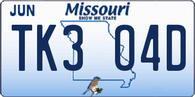 MO license plate TK3O4D
