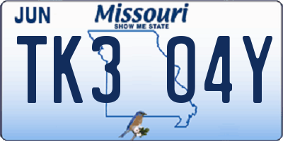 MO license plate TK3O4Y