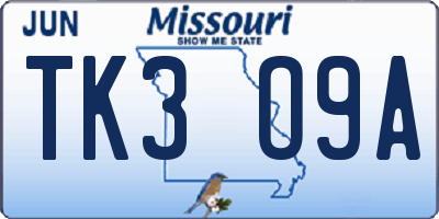 MO license plate TK3O9A