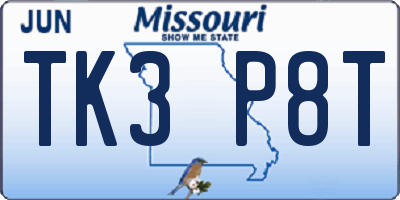 MO license plate TK3P8T