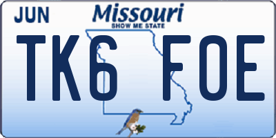 MO license plate TK6F0E