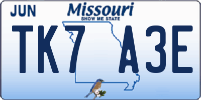 MO license plate TK7A3E